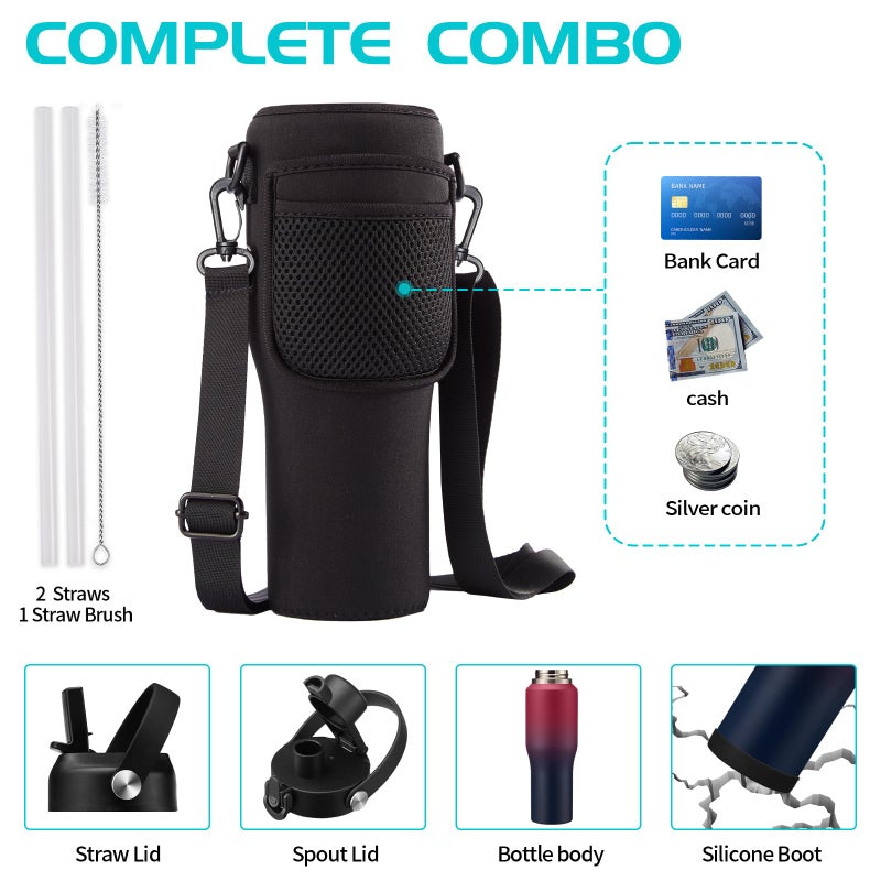 DIGJUPER Stainless Steel Tumblers with Straw 32 oz- Vacuum Insulated Water Bottle Flask for Car Office Gym  Cold-48H & Hot-24H  Water Flask with Straw & Spout Lids  Thermal Water Bottle Pouch & Silicone Boot - Image 5